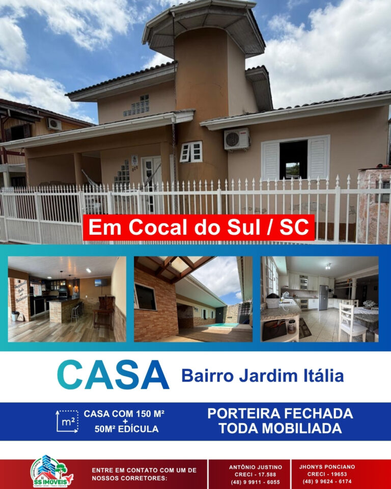 Casa mobiliada no bairro Jardim Itália, Cocal do Sul – 150 m² com edícula